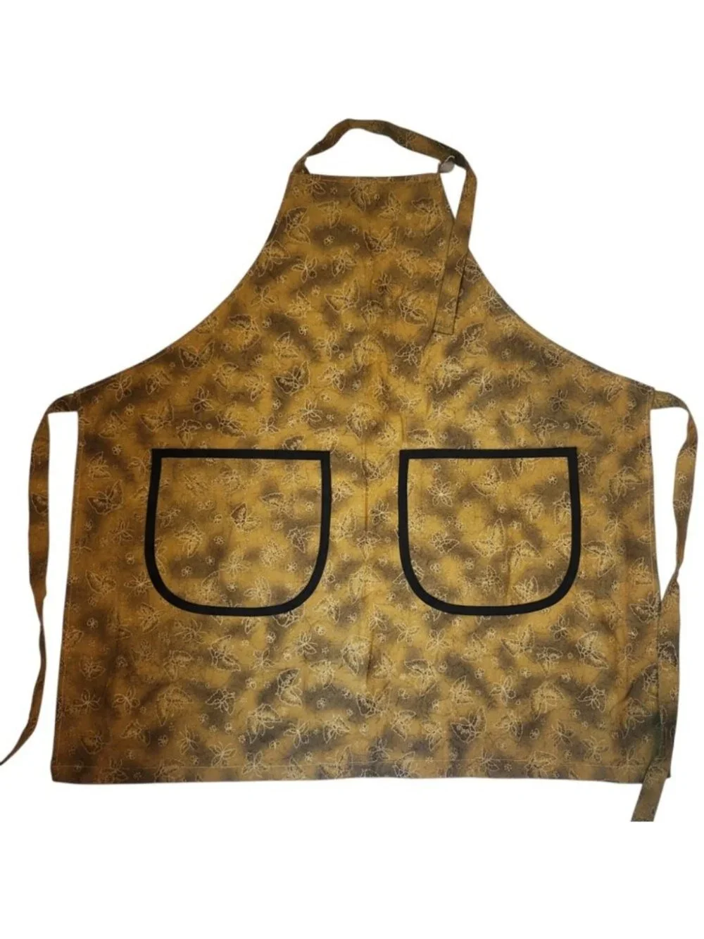 Handmade Butterfly Floral Bib Apron Green Yellow Pockets Adjustable Neck Tie